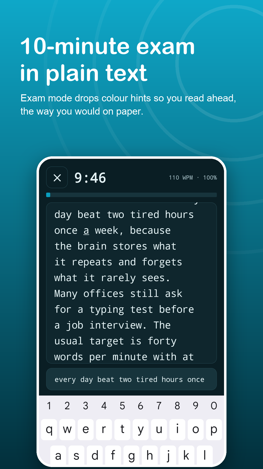 Exam mode with a long plain-text passage