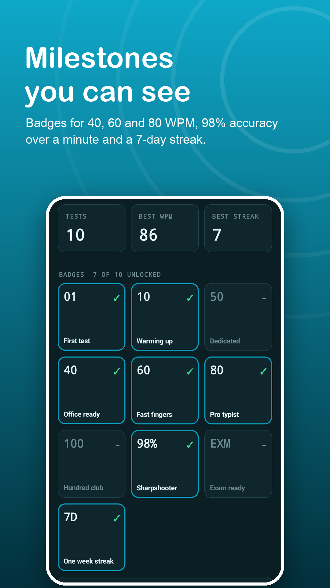 Badges for speed, accuracy and streaks
